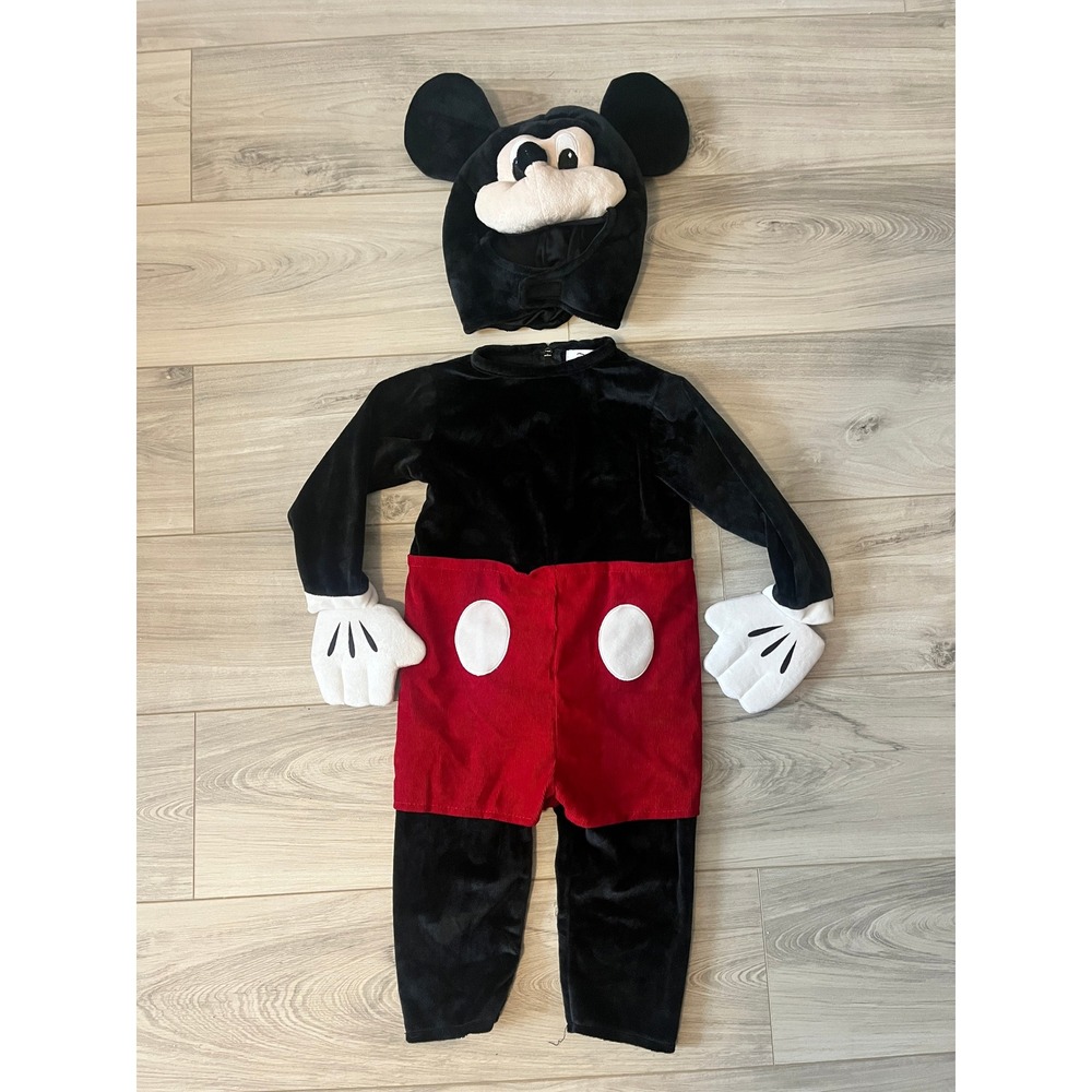 Disney Mickey Mouse Costume Jumpsuit Halloween Black Red Kids Plush Headpiece